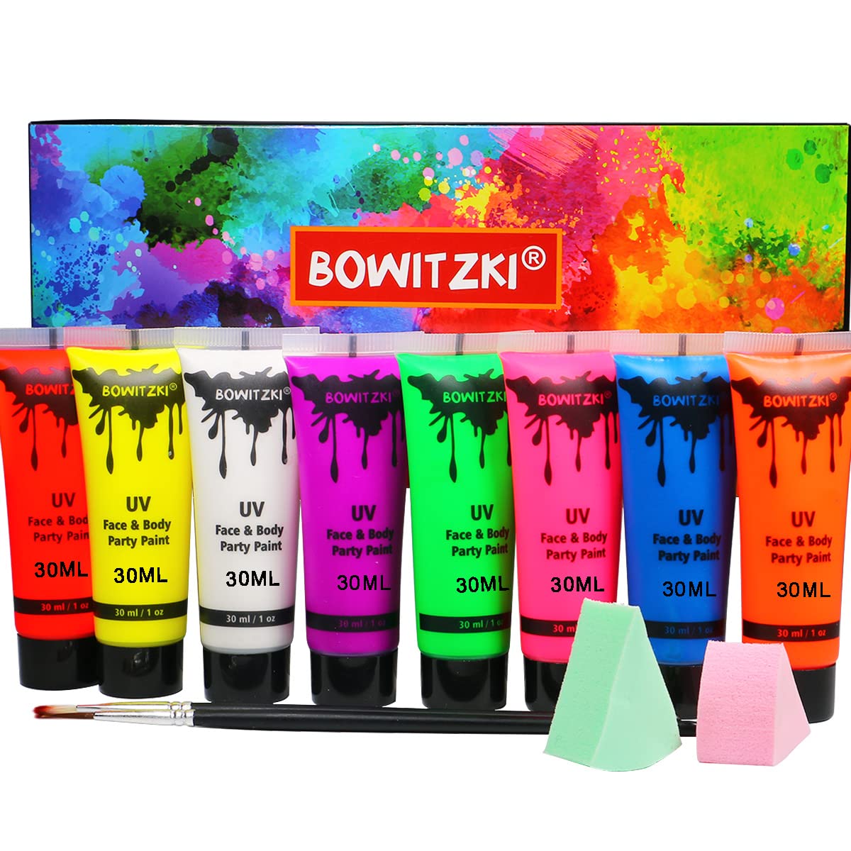 Bowitzki UV Neon Face and Body Paint 8 x 30ml (1.0 fl oz) Liquid Large Kit Black Light Glow in the Dark Makeup Set Fluorescent Painting for Adults Kids Music Festivals Party Halloween Christmas