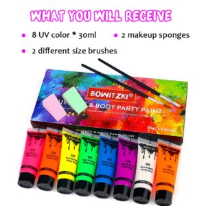 Bowitzki UV Neon Face and Body Paint 8 x 30ml (1.0 fl oz) Liquid Large Kit Black Light Glow in the Dark Makeup Set Fluorescent Painting for Adults Kids Music Festivals Party Halloween Christmas