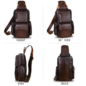 IVTG Genuine Leather Sling Bag Crossbody Casual Hiking Daypack Vintage Handmade Chest Bag Shoulder Backpack Motorcycle Pack (Coffee)