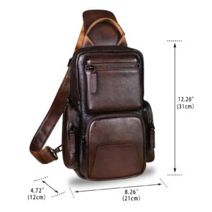 IVTG Genuine Leather Sling Bag Crossbody Casual Hiking Daypack Vintage Handmade Chest Bag Shoulder Backpack Motorcycle Pack (Coffee)