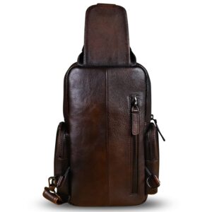 IVTG Genuine Leather Sling Bag Crossbody Casual Hiking Daypack Vintage Handmade Chest Bag Shoulder Backpack Motorcycle Pack (Coffee)