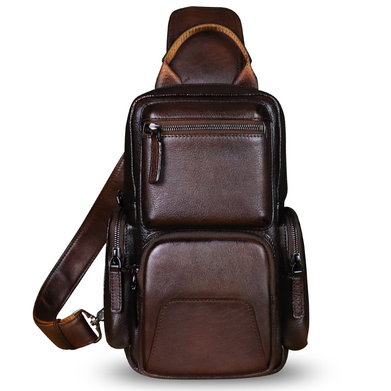 IVTG Genuine Leather Sling Bag Crossbody Casual Hiking Daypack Vintage Handmade Chest Bag Shoulder Backpack Motorcycle Pack (Coffee)