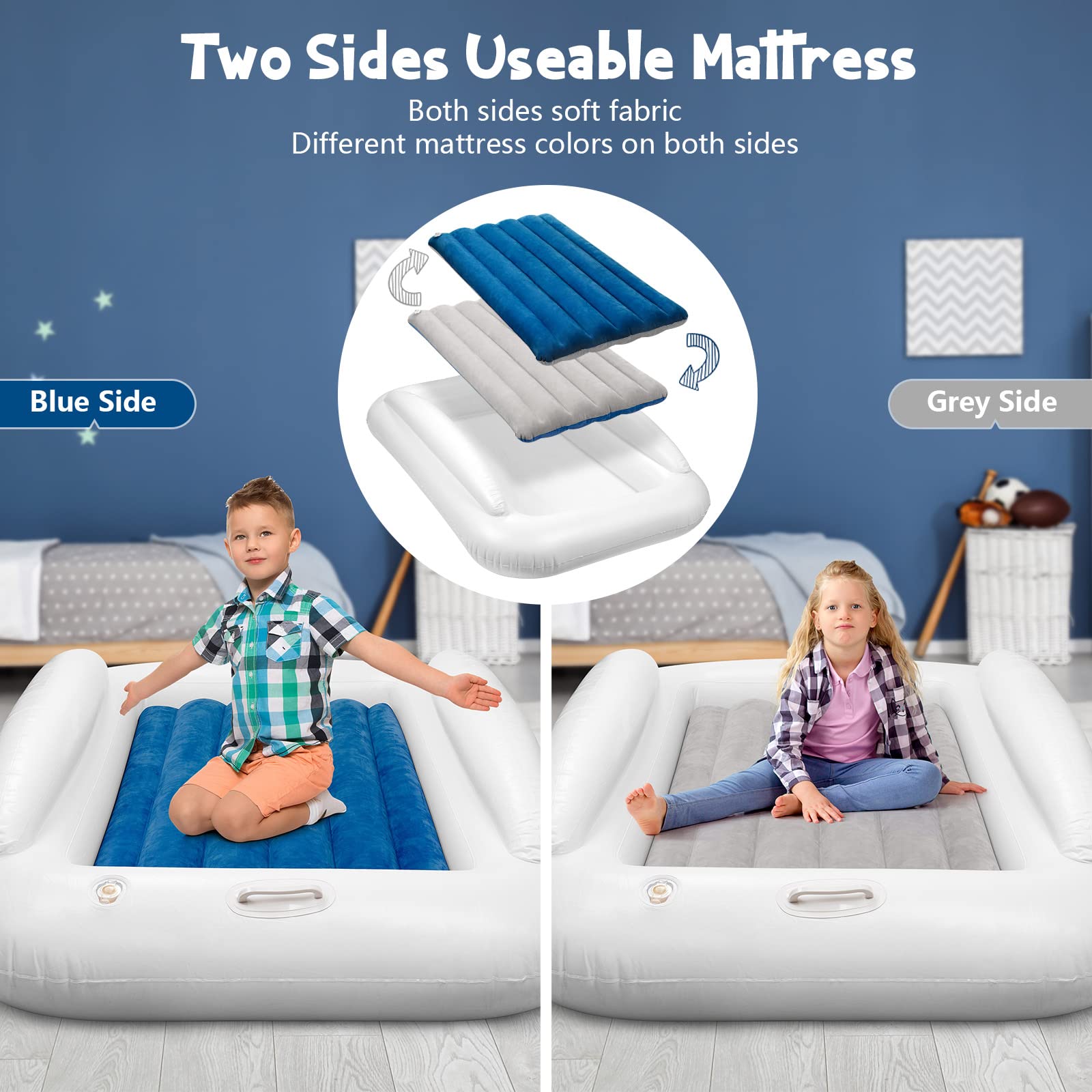 USHMA Toddler Travel Bed, Portable Toddler Bed for Kids | Toddler Air Mattress | Inflatable Travel Toddler Bed | Kids Blow Up Mattress with Sides | Two Sides Usable Kids Air Mattress -Navy Blue & Grey