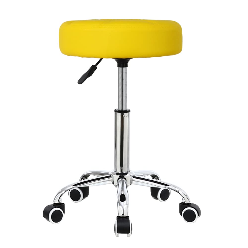 KKTONER Round Rolling Stool with Wheels PU Leather Height Adjustable Swivel Drafting Work SPA Salon Stools Office Chair (Yellow)