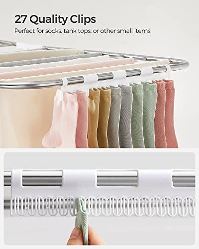 SONGMICS Clothes Drying Rack, with Sock Clips, Metal Laundry Rack, Foldable, Space-Saving, Free-Standing Airer, with Height-Adjustable Gullwings, Indoor Outdoor Use, Silver and White ULLR052W01