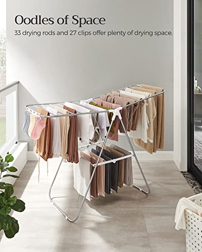 SONGMICS Clothes Drying Rack, with Sock Clips, Metal Laundry Rack, Foldable, Space-Saving, Free-Standing Airer, with Height-Adjustable Gullwings, Indoor Outdoor Use, Silver and White ULLR052W01