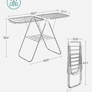 SONGMICS Clothes Drying Rack, with Sock Clips, Metal Laundry Rack, Foldable, Space-Saving, Free-Standing Airer, with Height-Adjustable Gullwings, Indoor Outdoor Use, Silver and White ULLR052W01