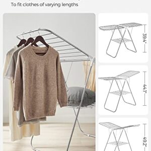 SONGMICS Clothes Drying Rack, with Sock Clips, Metal Laundry Rack, Foldable, Space-Saving, Free-Standing Airer, with Height-Adjustable Gullwings, Indoor Outdoor Use, Silver and White ULLR052W01