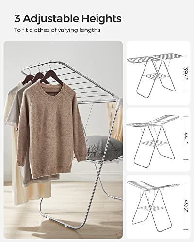 SONGMICS Clothes Drying Rack, with Sock Clips, Metal Laundry Rack, Foldable, Space-Saving, Free-Standing Airer, with Height-Adjustable Gullwings, Indoor Outdoor Use, Silver and White ULLR052W01