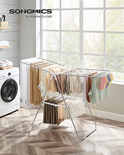 SONGMICS Clothes Drying Rack, with Sock Clips, Metal Laundry Rack, Foldable, Space-Saving, Free-Standing Airer, with Height-Adjustable Gullwings, Indoor Outdoor Use, Silver and White ULLR052W01
