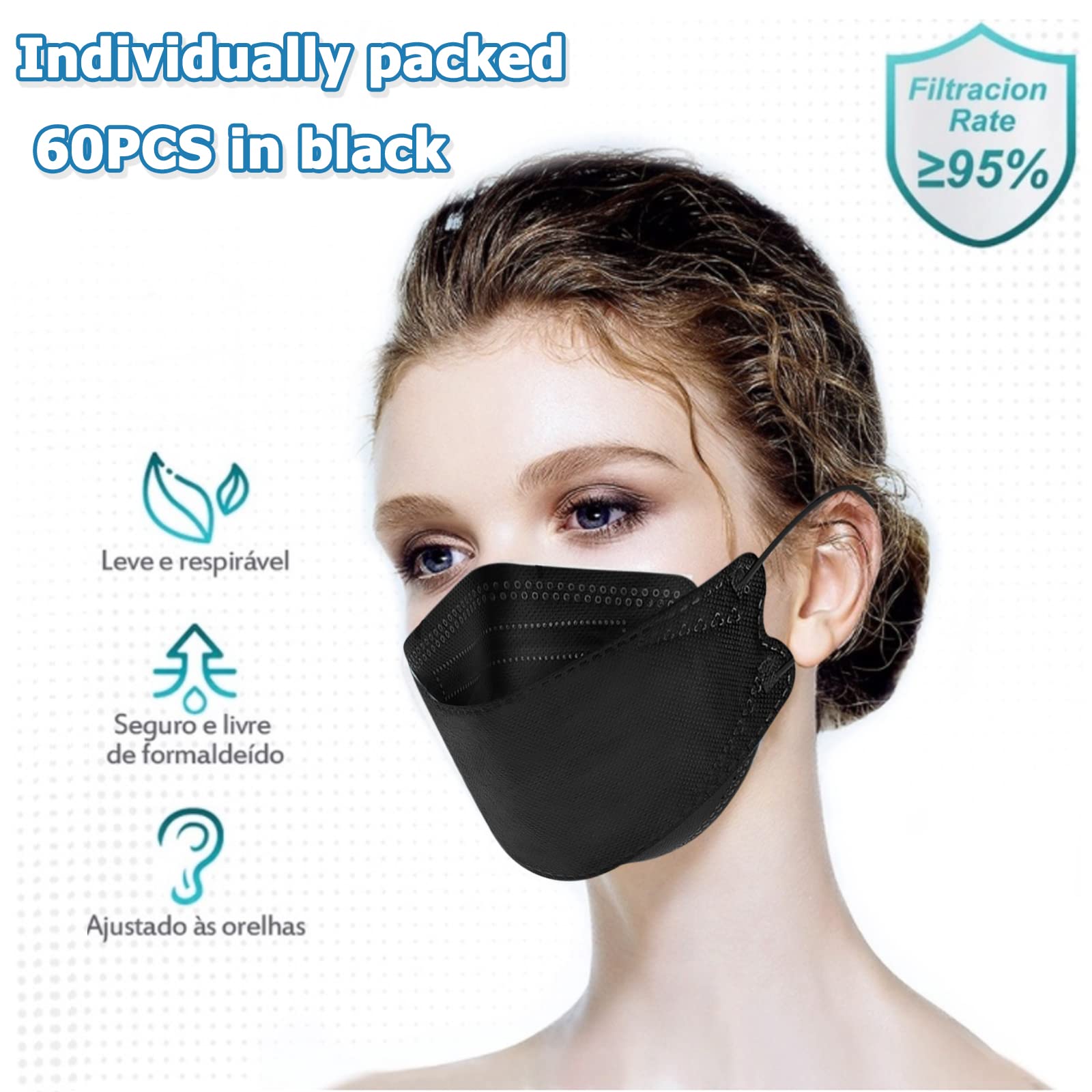 60pcs KF94 mask,Disposable Black Masks,4 Layers Protection Filter Efficiency>95%,Double line Nasal Frame,Highly Elastic Ear Straps,Breathable Comfort,Suitable Men Women Daily use(Individual Package)