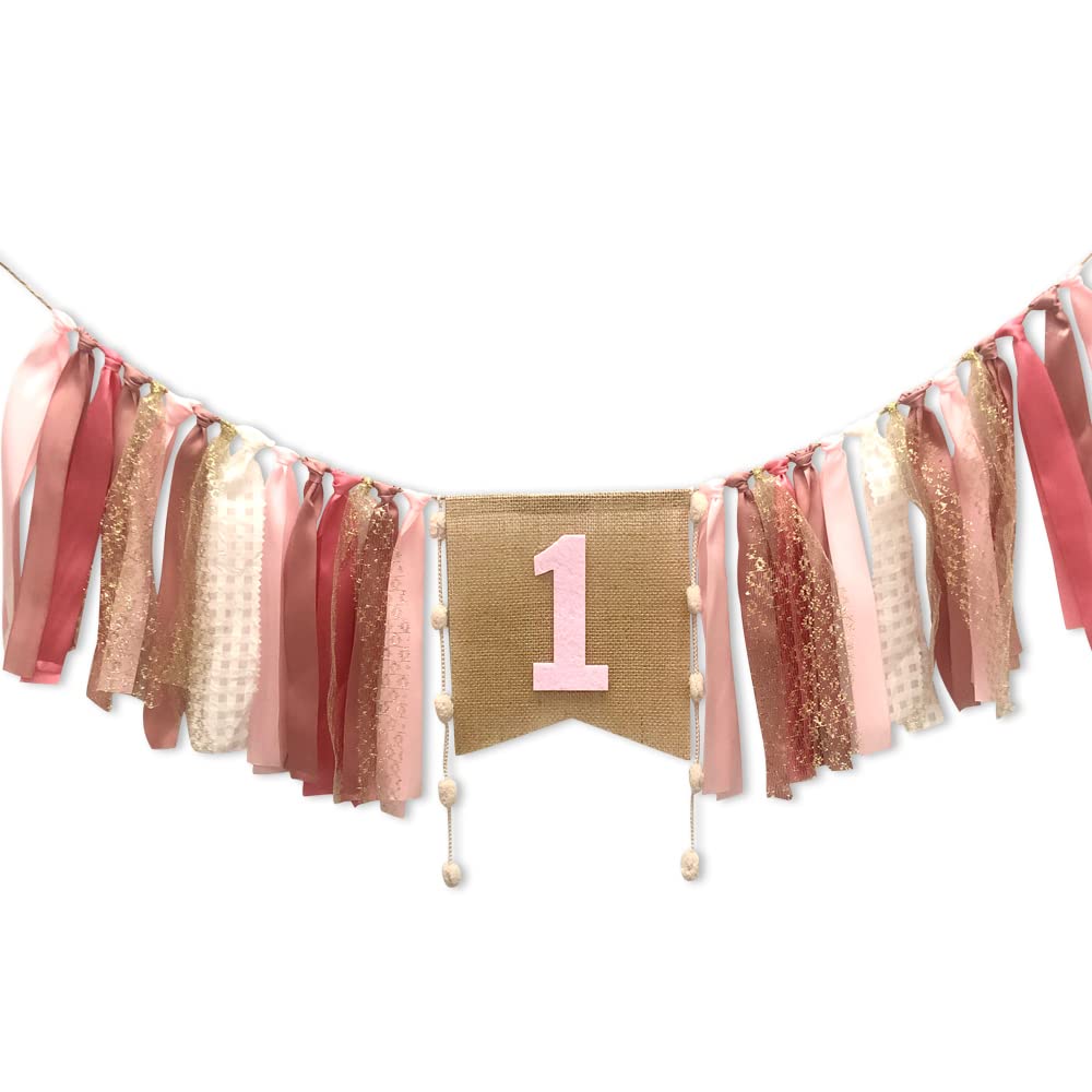 1st Birthday Banner For Baby, AULEGE First Birthday High Chair Banner, Party Theme Pull Flag for Baby 1st Birthday Party Supplies, Coral Pink