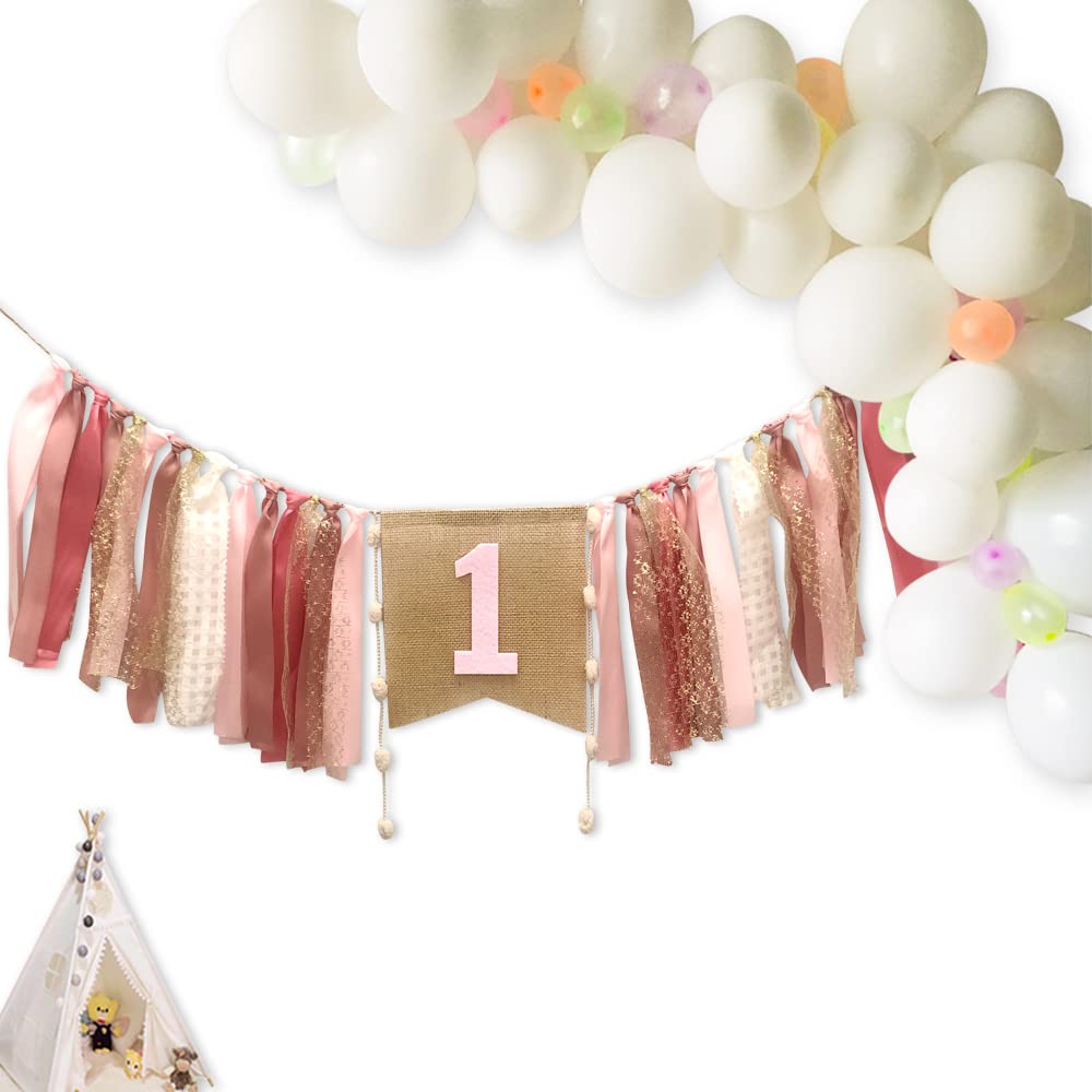 1st Birthday Banner For Baby, AULEGE First Birthday High Chair Banner, Party Theme Pull Flag for Baby 1st Birthday Party Supplies, Coral Pink