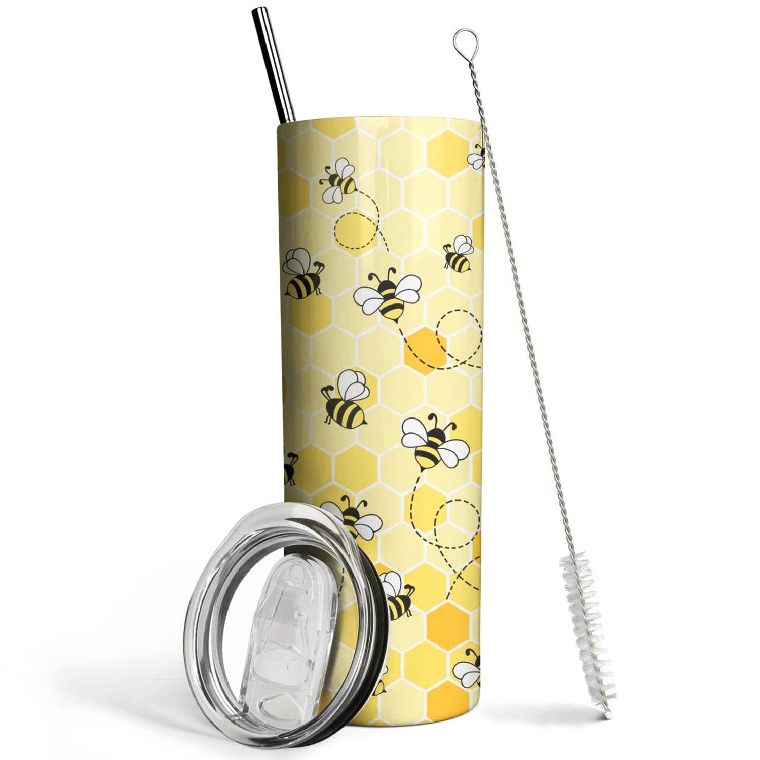 Bee Tumbler with Lid and Straw- Honey Bee Gifts for Women Men - Yellow Bee Coffee Mug, Cup, Skinny Tumbler, Water Bottles- Metal Thermal Insulated Tumblers 20 Oz -Bee themed gifts, Bee keepers Gift