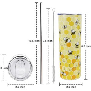 Bee Tumbler with Lid and Straw- Honey Bee Gifts for Women Men - Yellow Bee Coffee Mug, Cup, Skinny Tumbler, Water Bottles- Metal Thermal Insulated Tumblers 20 Oz -Bee themed gifts, Bee keepers Gift