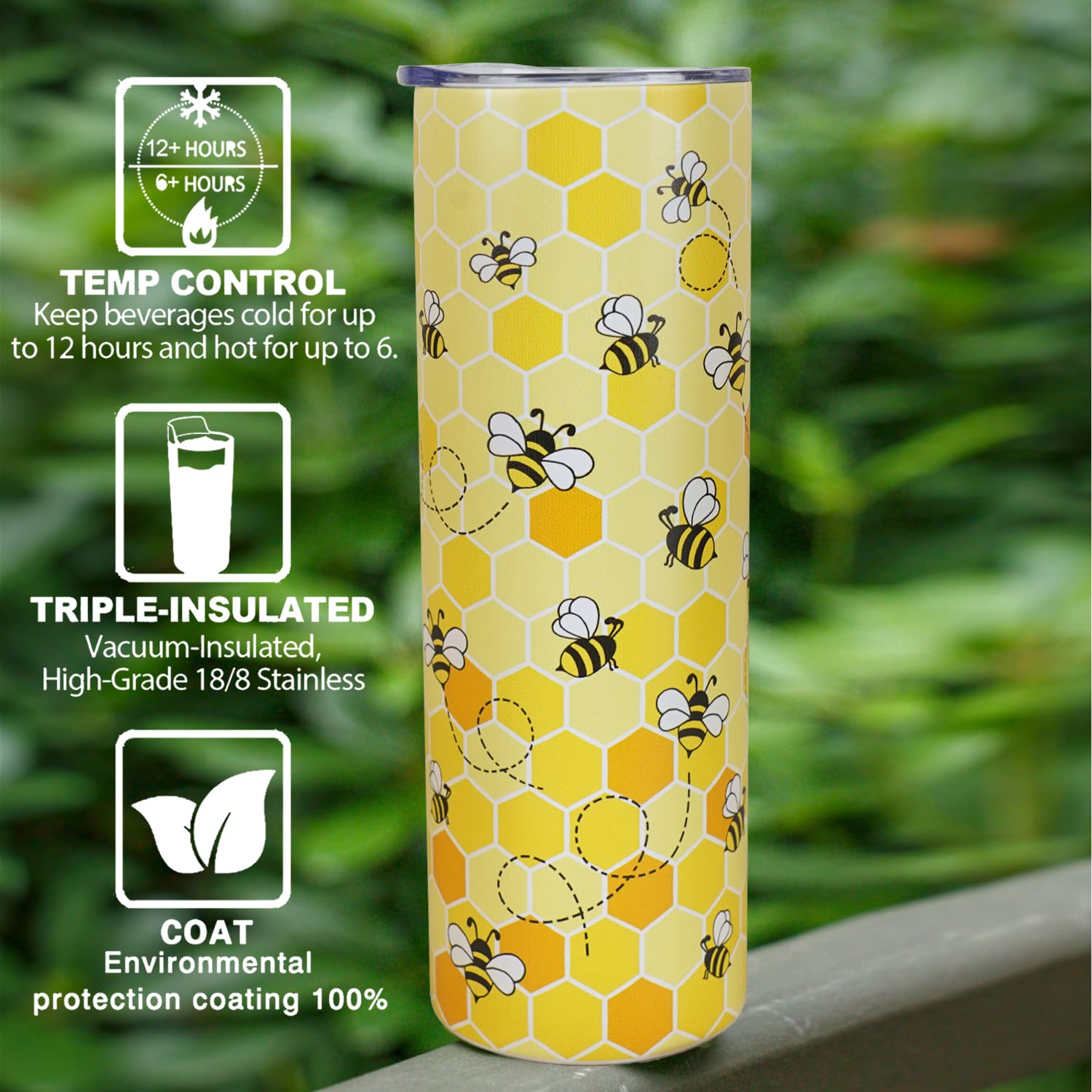 Bee Tumbler with Lid and Straw- Honey Bee Gifts for Women Men - Yellow Bee Coffee Mug, Cup, Skinny Tumbler, Water Bottles- Metal Thermal Insulated Tumblers 20 Oz -Bee themed gifts, Bee keepers Gift