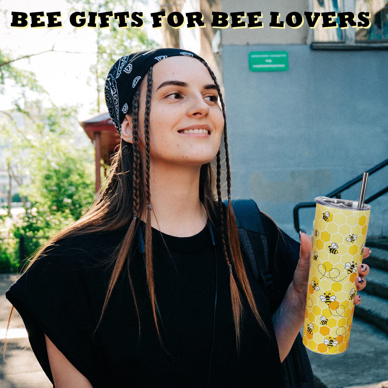 Bee Tumbler with Lid and Straw- Honey Bee Gifts for Women Men - Yellow Bee Coffee Mug, Cup, Skinny Tumbler, Water Bottles- Metal Thermal Insulated Tumblers 20 Oz -Bee themed gifts, Bee keepers Gift