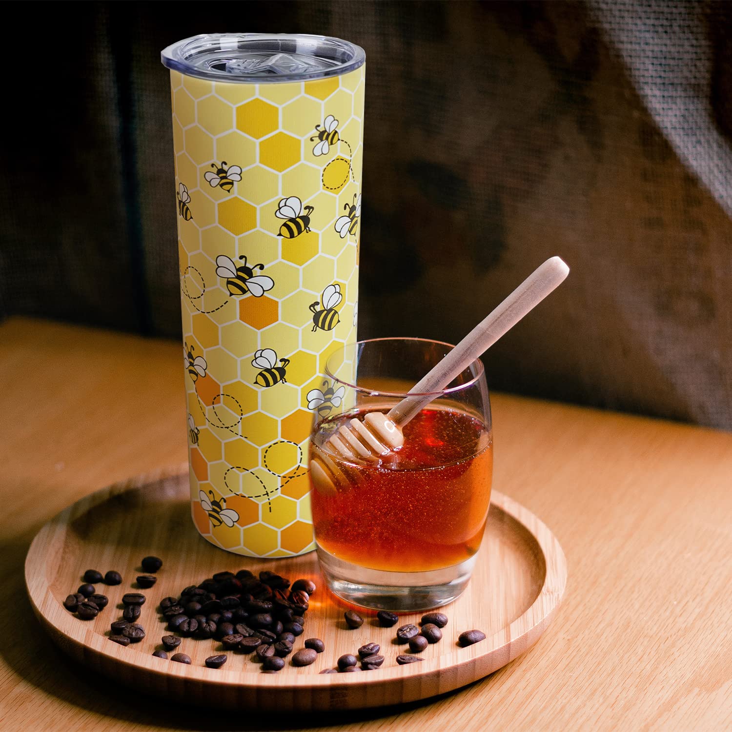 Bee Tumbler with Lid and Straw- Honey Bee Gifts for Women Men - Yellow Bee Coffee Mug, Cup, Skinny Tumbler, Water Bottles- Metal Thermal Insulated Tumblers 20 Oz -Bee themed gifts, Bee keepers Gift