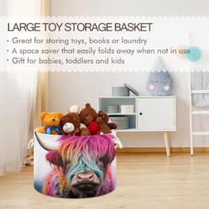 xigua Large Basket for Toys Highland Cow Colorful Dyed Hair Storage Bin Box Kids Laundry Hamper Collapsible Fabric Organizer Bin for Nursery Clothes, Toys, Books, Home Decor