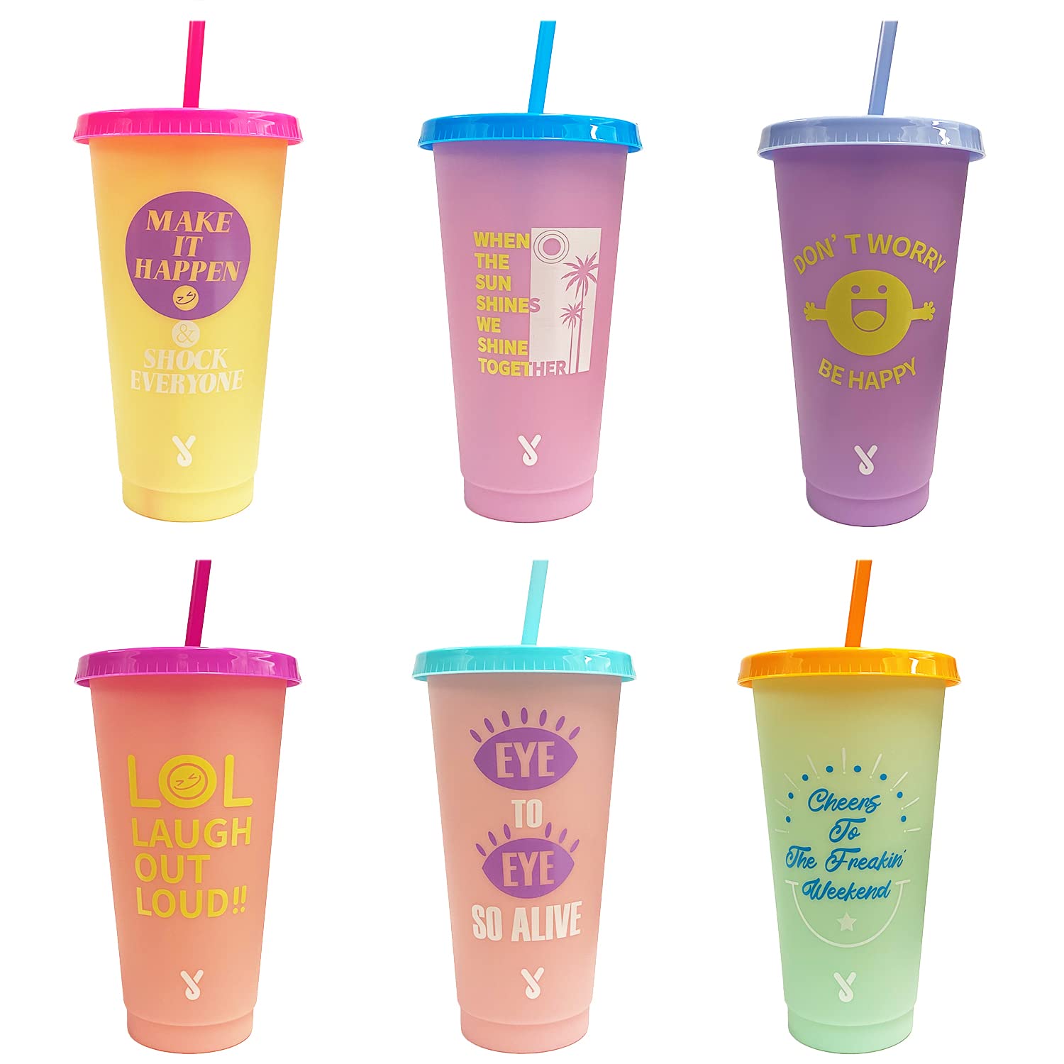 Meoky Color Changing Cups with Lids and Straws - 6 Pack 24 oz Plastic Tumblers Bulk, Reusable for Adults Kids Women Party, Cute Cold Cup (Funny Words)