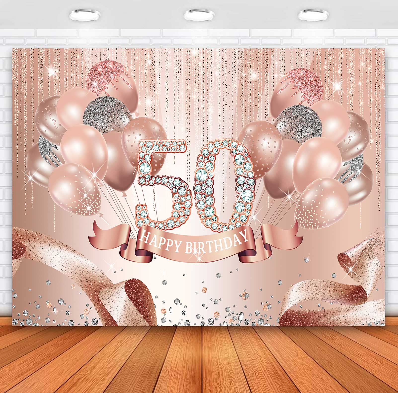 Sensfun Happy 50th Birthday Backdrop Rose Gold Diamonds Fabulous 50th Birthday Background Glitter Balloons Fifty Years Old Age Women Birthday Party Banner Decorations Supplies 7x5ft