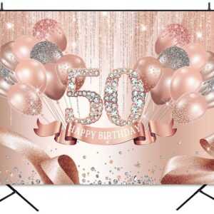 Sensfun Happy 50th Birthday Backdrop Rose Gold Diamonds Fabulous 50th Birthday Background Glitter Balloons Fifty Years Old Age Women Birthday Party Banner Decorations Supplies 7x5ft