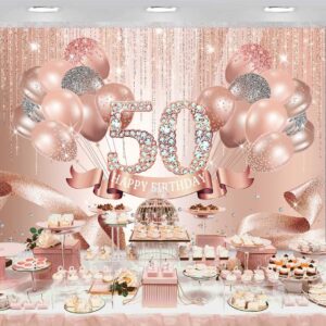 Sensfun Happy 50th Birthday Backdrop Rose Gold Diamonds Fabulous 50th Birthday Background Glitter Balloons Fifty Years Old Age Women Birthday Party Banner Decorations Supplies 7x5ft