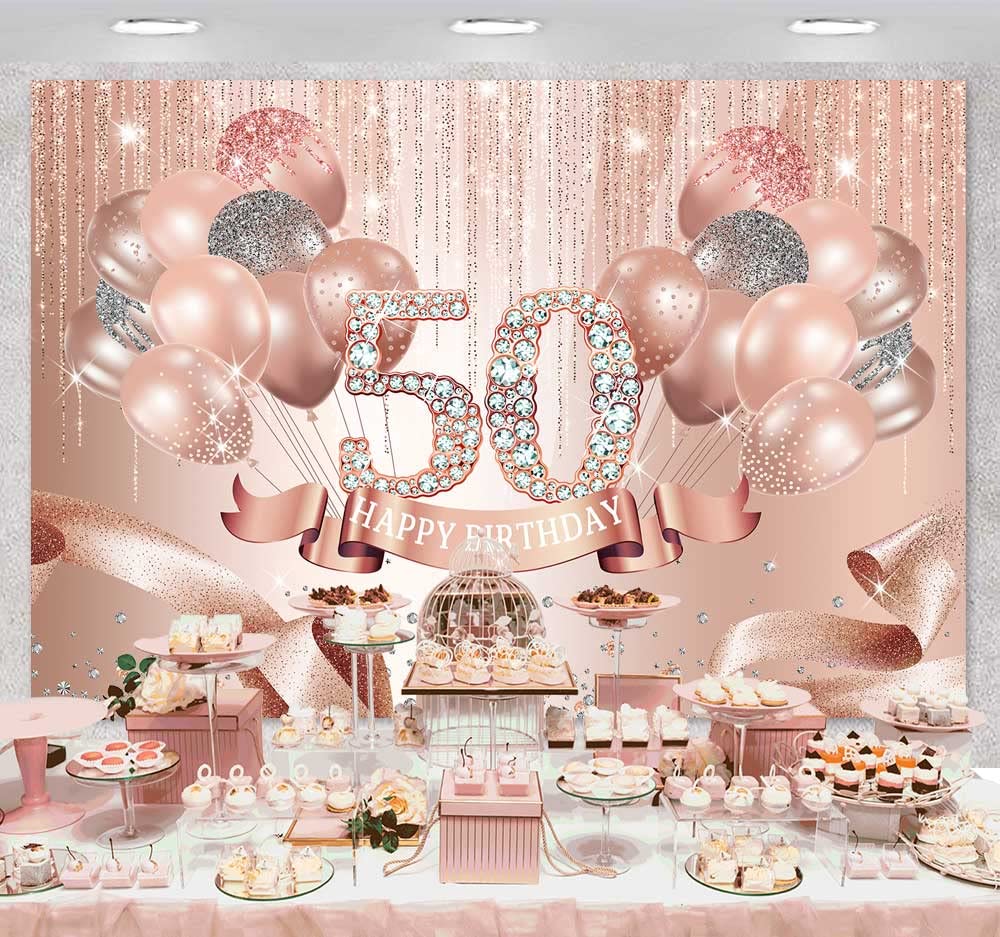 Sensfun Happy 50th Birthday Backdrop Rose Gold Diamonds Fabulous 50th Birthday Background Glitter Balloons Fifty Years Old Age Women Birthday Party Banner Decorations Supplies 7x5ft