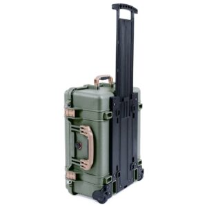 pelican color case od green pelican 1560 case, with tan handles & latches. comes with foam & wheels.