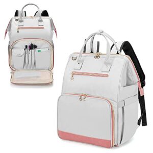 damero nurse bag for work supplies, nurse backpack with laptop sleeve for home care nurse and more, patent design(light gray-pink)