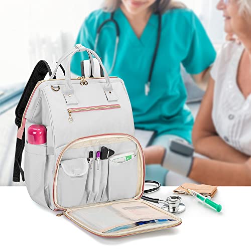 Damero Nurse Bag for Work Supplies, Nurse Backpack with Laptop Sleeve for Home Care Nurse and More, Patent Design(Light Gray-Pink)