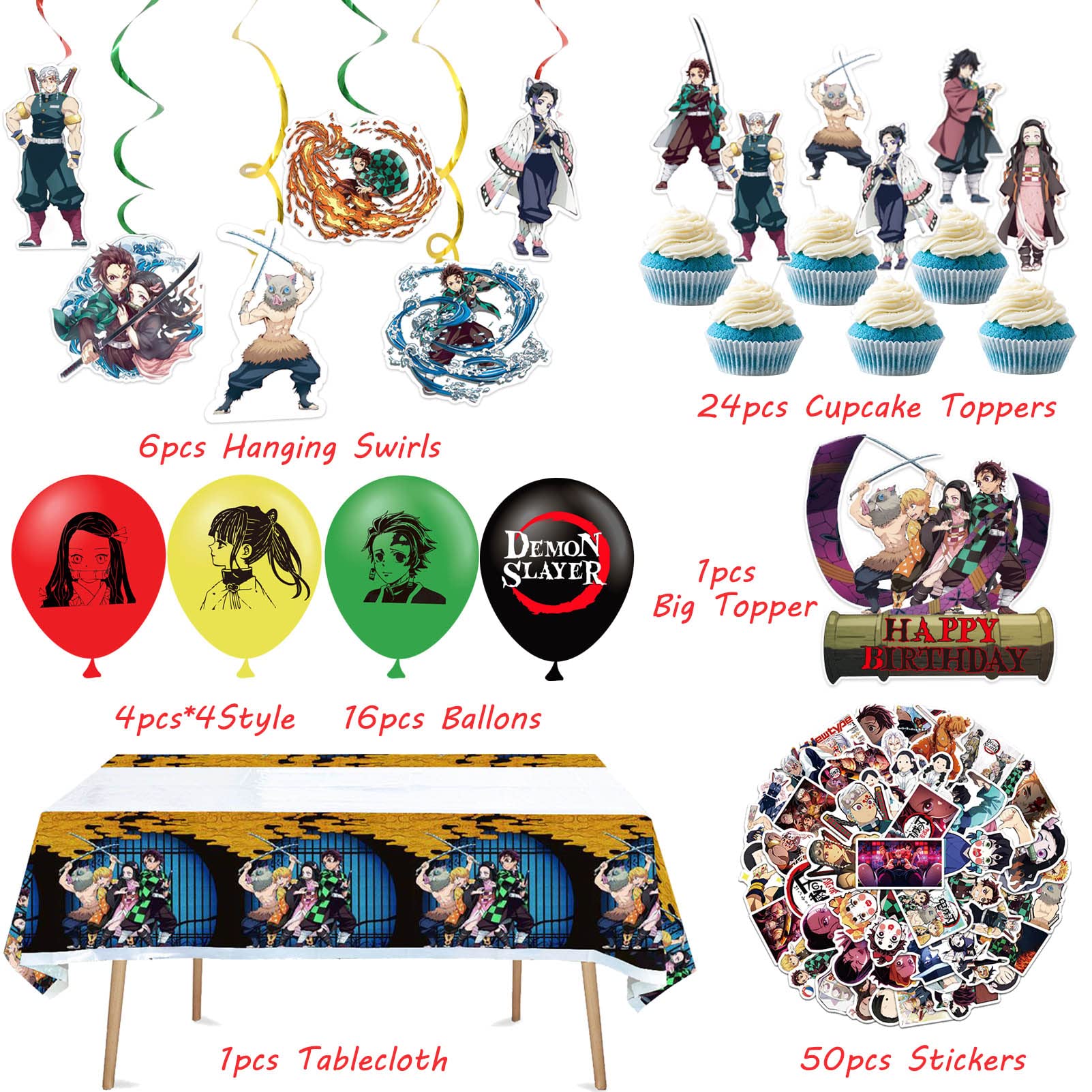 Anime Birthday Party Decorations, 99pcs Demon Inspired Slayer Party Supplies Include Stickers, Banner, Cupcake Toppers, Tablecloth, Balloons for Kids Anime Theme Party Favor