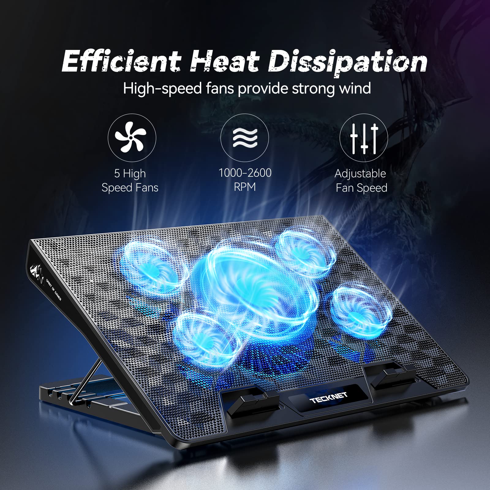 TECKNET 12 ''-17 ''inch Laptop Cooling Pad,5 Quiet Cooling Fans Laptop Cooler with 5 Adjustable Height, Laptop Cooling Stand for with Speed Controller, 2 USB Port - Blue