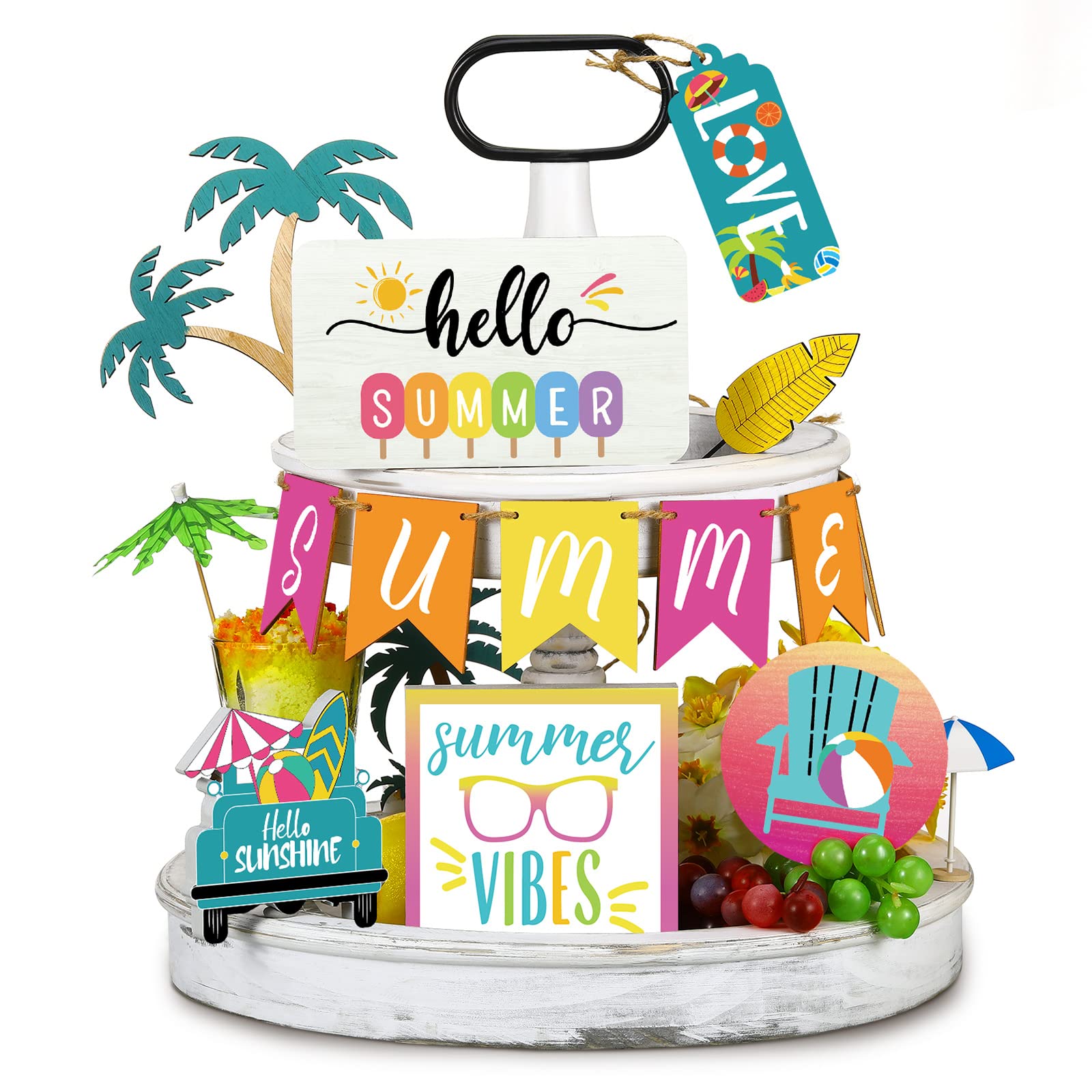 11 Pieces Summer Hawaii Tiered Tray Decor Set Summer Wood Sign Rustic Farmhouse Decor Summer Beach Sunshine Tiered Tray Decorative Trays Signs for Summer Beach Table Home Holiday(Summer Style)