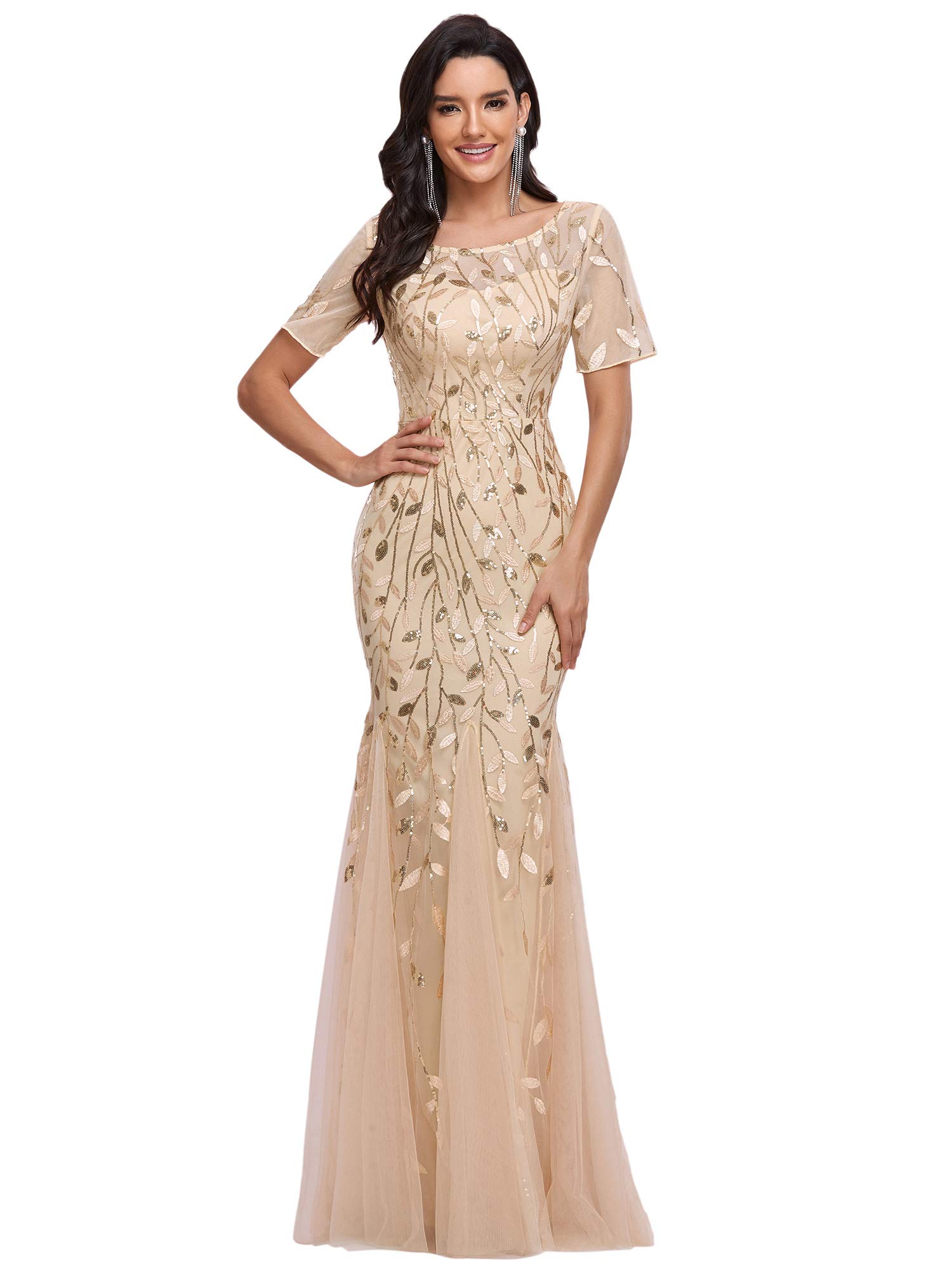 Ever-Pretty Women's Elegant Illusion Short Sleeve Crew Neck Sequin Embroidery Mermaid Evening Dresses Gold US10