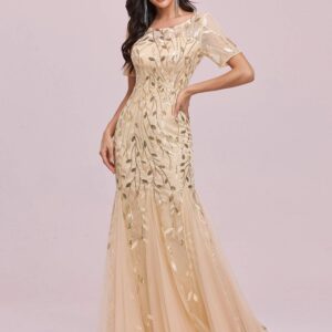 Ever-Pretty Women's Elegant Illusion Short Sleeve Crew Neck Sequin Embroidery Mermaid Evening Dresses Gold US10