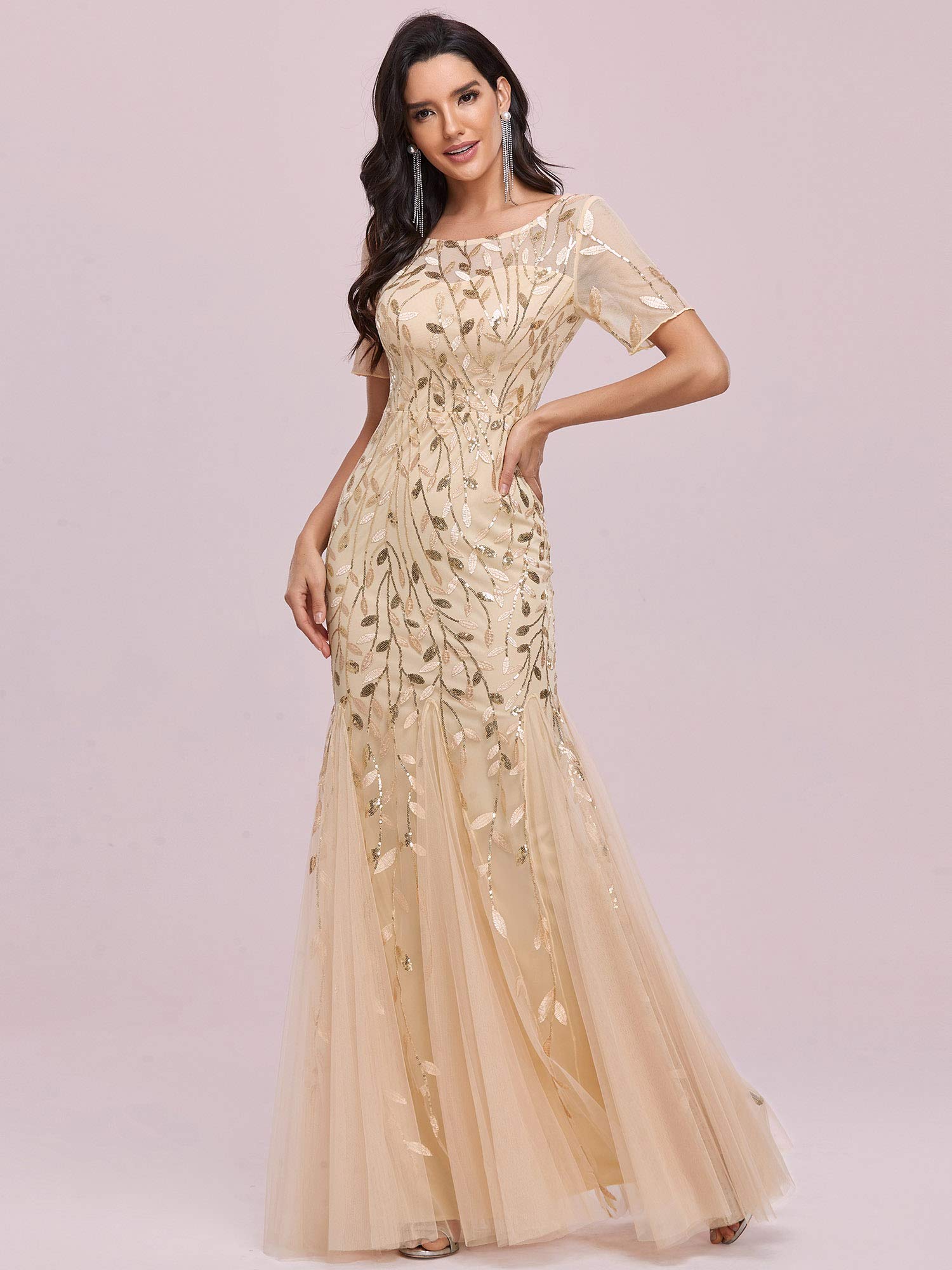 Ever-Pretty Women's Elegant Illusion Short Sleeve Crew Neck Sequin Embroidery Mermaid Evening Dresses Gold US10