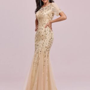 Ever-Pretty Women's Elegant Illusion Short Sleeve Crew Neck Sequin Embroidery Mermaid Evening Dresses Gold US10