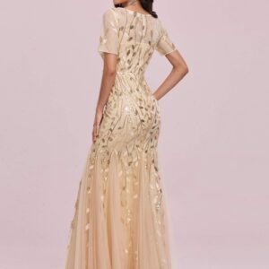 Ever-Pretty Women's Elegant Illusion Short Sleeve Crew Neck Sequin Embroidery Mermaid Evening Dresses Gold US10