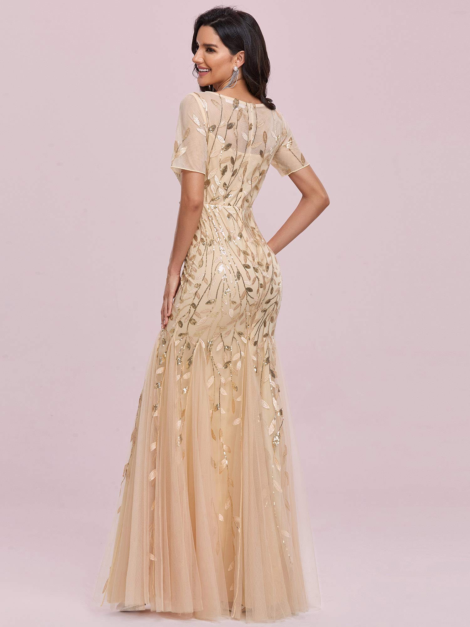 Ever-Pretty Women's Elegant Illusion Short Sleeve Crew Neck Sequin Embroidery Mermaid Evening Dresses Gold US10