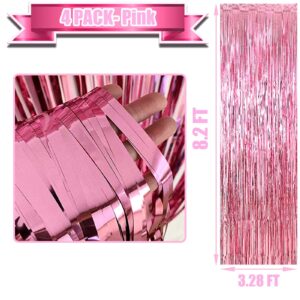 4 Pack Pink Foil Fringe Curtain Backdrop, 3.28Ft x 8.2Ft Metallic Tinsel Foil Fringe Streamer Curtains for Photo Booth Props, Birthday, Wedding, Valentine's Day Decoration Party Supplies