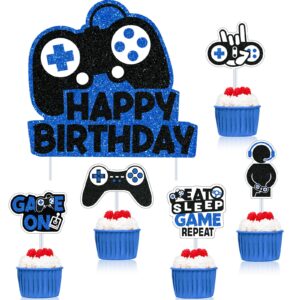31 piece video game happy birthday cupcake toppers cake toppers video gamer party decorations supplies picks gaming theme birthday party banner game controller backdrop for kid boys gaming (blue)