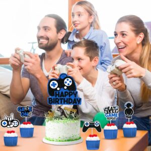 31 Piece Video Game Happy Birthday Cupcake Toppers Cake Toppers Video Gamer Party Decorations Supplies Picks Gaming Theme Birthday Party Banner Game Controller Backdrop for Kid Boys Gaming (Blue)