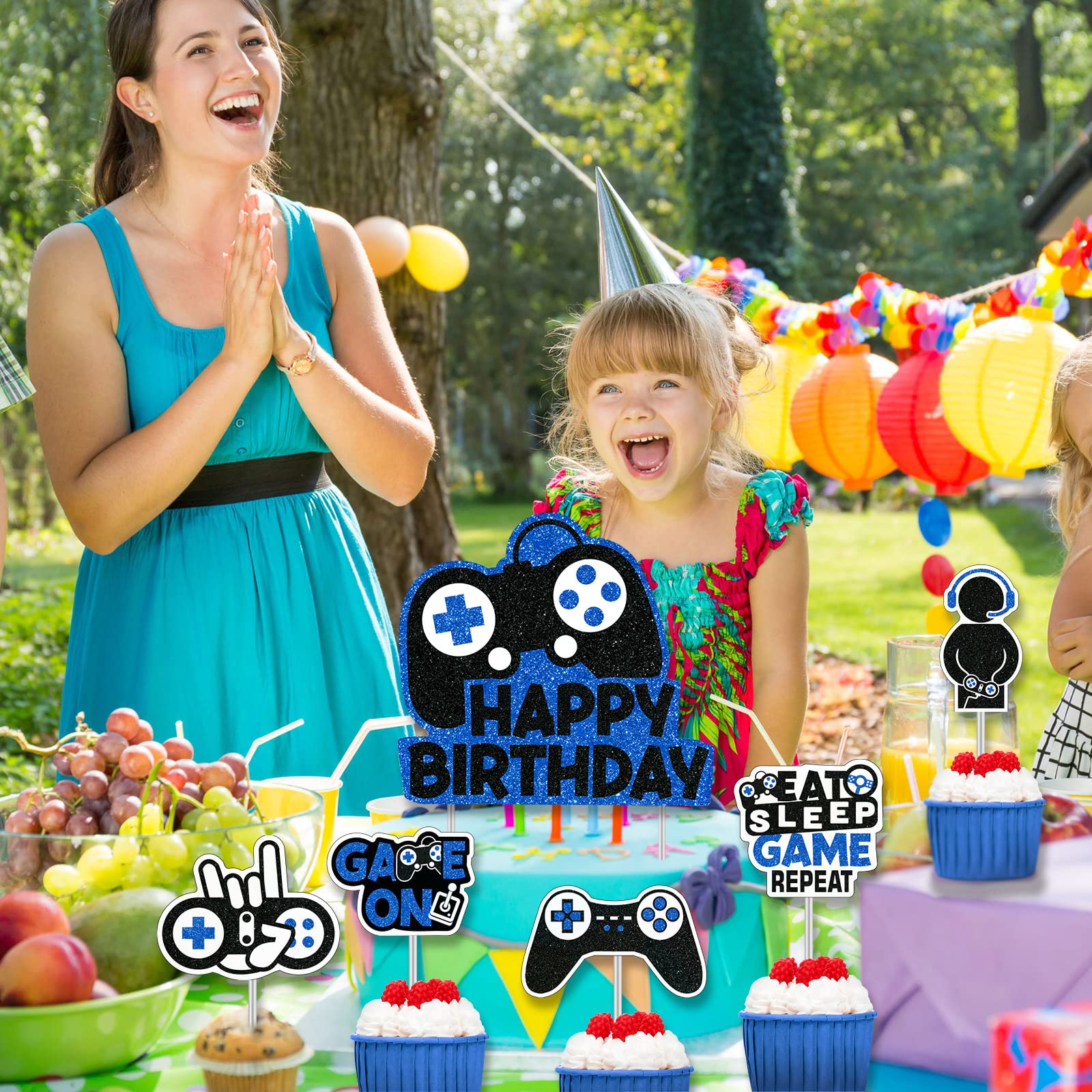 31 Piece Video Game Happy Birthday Cupcake Toppers Cake Toppers Video Gamer Party Decorations Supplies Picks Gaming Theme Birthday Party Banner Game Controller Backdrop for Kid Boys Gaming (Blue)