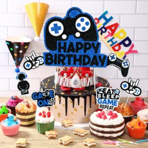 31 Piece Video Game Happy Birthday Cupcake Toppers Cake Toppers Video Gamer Party Decorations Supplies Picks Gaming Theme Birthday Party Banner Game Controller Backdrop for Kid Boys Gaming (Blue)