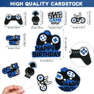 31 Piece Video Game Happy Birthday Cupcake Toppers Cake Toppers Video Gamer Party Decorations Supplies Picks Gaming Theme Birthday Party Banner Game Controller Backdrop for Kid Boys Gaming (Blue)