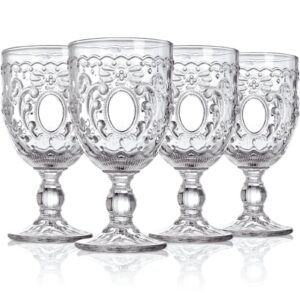 lyellfe set of 4 clear glass goblet, 12 oz retro vintage stemware wine glasses, crystal embossed romantic footed glasseware for iced beverage, wine, cocktail, party, dishwasher safe