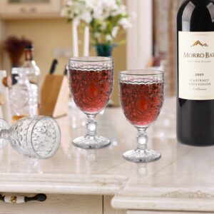 Lyellfe Set of 4 Clear Glass Goblet, 12 Oz Retro Vintage Stemware Wine Glasses, Crystal Embossed Romantic Footed Glasseware for Iced Beverage, Wine, Cocktail, Party, Dishwasher Safe