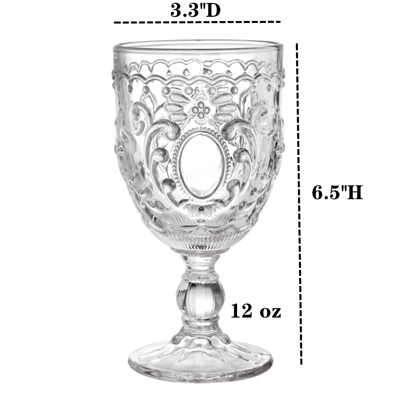 Lyellfe Set of 4 Clear Glass Goblet, 12 Oz Retro Vintage Stemware Wine Glasses, Crystal Embossed Romantic Footed Glasseware for Iced Beverage, Wine, Cocktail, Party, Dishwasher Safe
