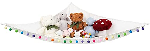 Mkono Stuffed Animal Net or Hammock Hanging Boho Stuff Animals Toy Storage Organizer with Colorful Pom Pom Balls Large Plush Hammock Corner Macrame Toys Holder for Nursery Bedroom Kid's Room, Large